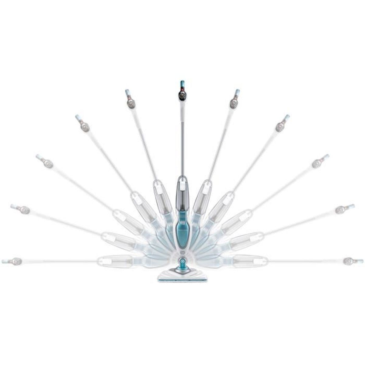 Mop parowy pokazujący różne kąty czyszczenia na białym tle.