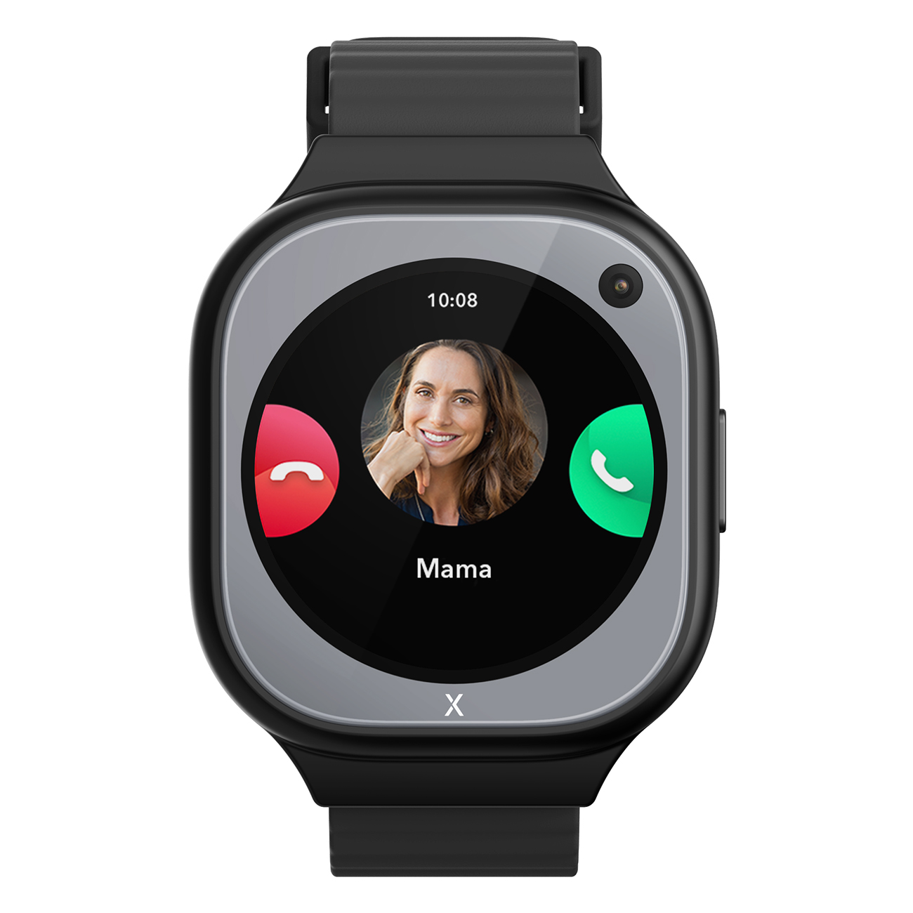 Eine schwarze Smartwatch zeigt ein Foto einer Frau und zwei Anruftasten, eine rote und eine grüne.