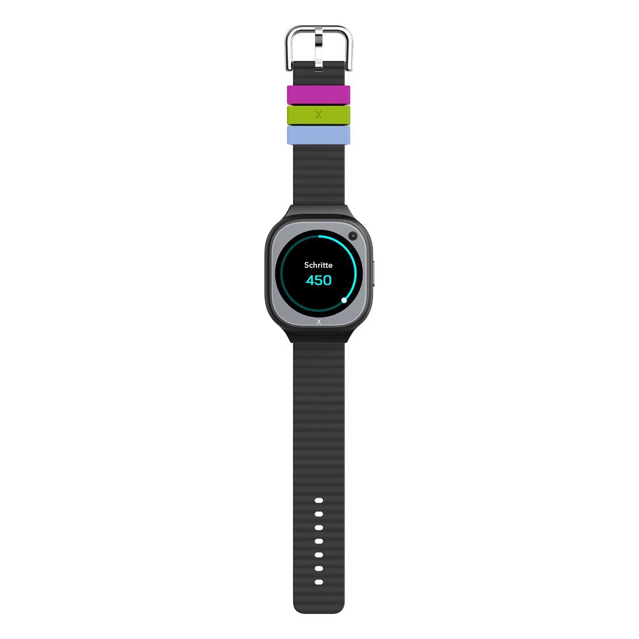 Smartwatch mit schwarzem Armband, zeigt Schritte, farbige Akzente und einen Bildschirm.