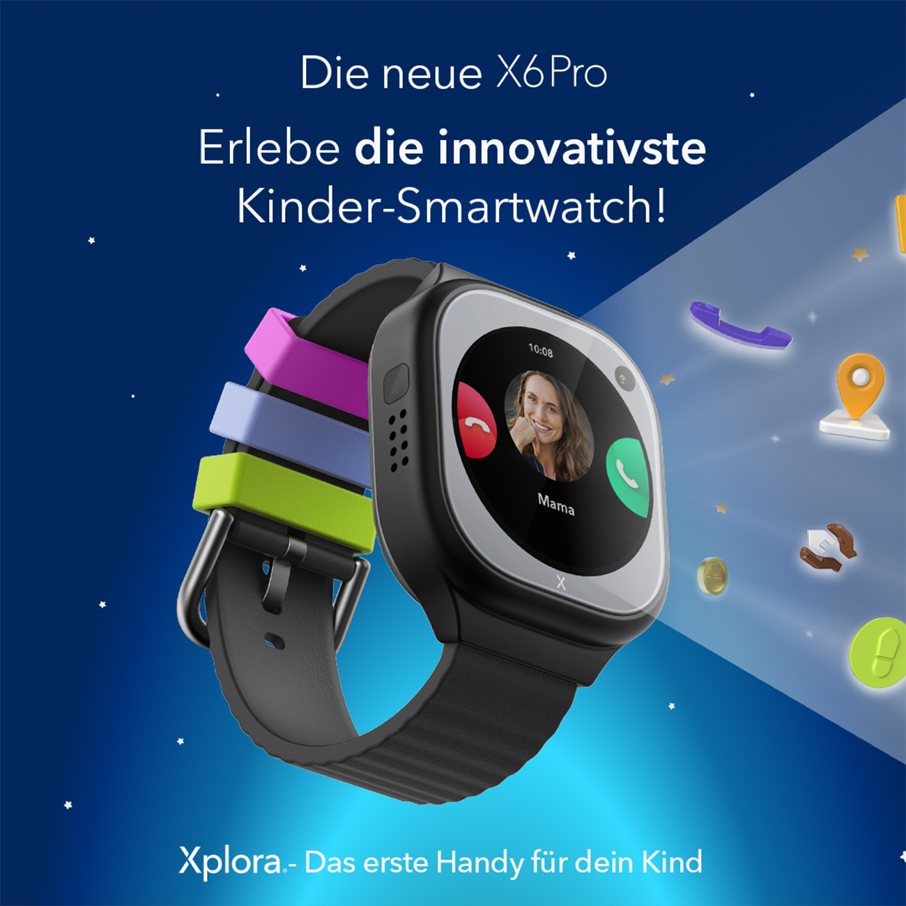 Smartwatch mit dem Gesicht eines Kindes auf dem Bildschirm, mit Text und Symbolen.