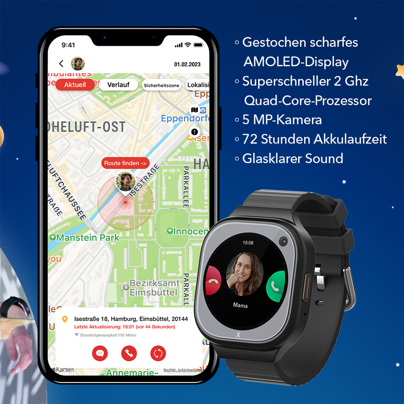 Smartwatch rechts, Karte auf dem Handy-Bildschirm. Text enthält Funktionen und eine Karte.