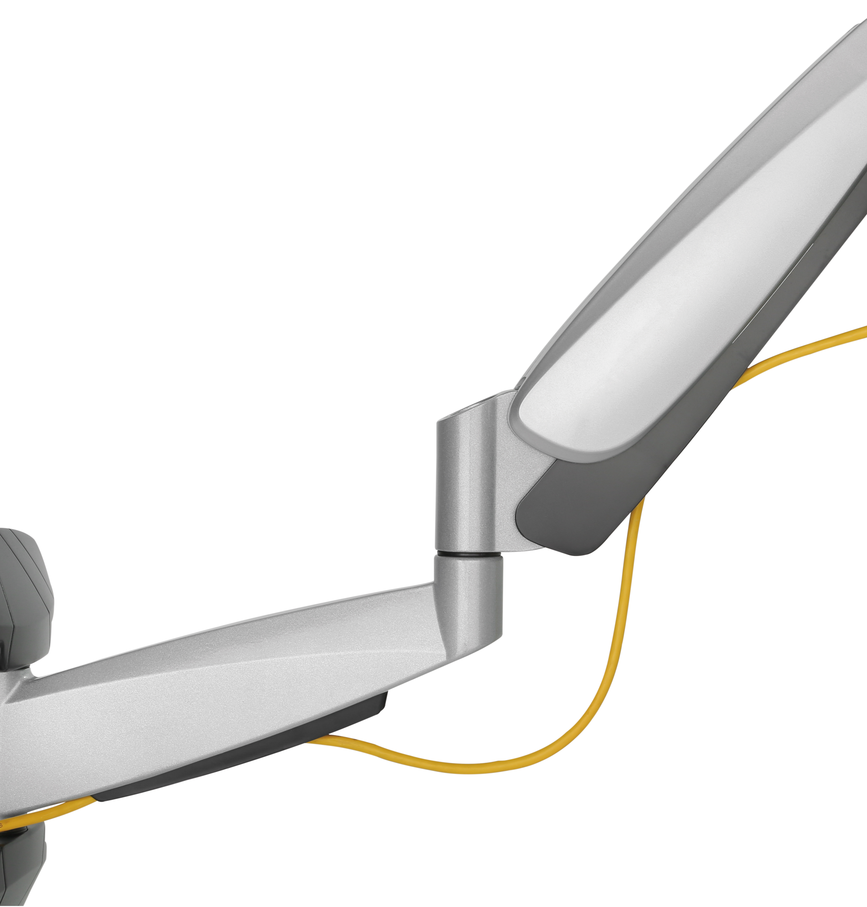 Silber-grauer Monitorarm mit gelbem Kabel.
