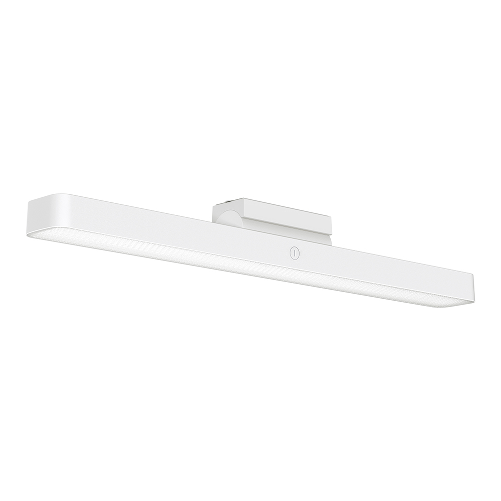 Biała oprawa LED z przyciskiem zasilania jest przedstawiona na białym tle.