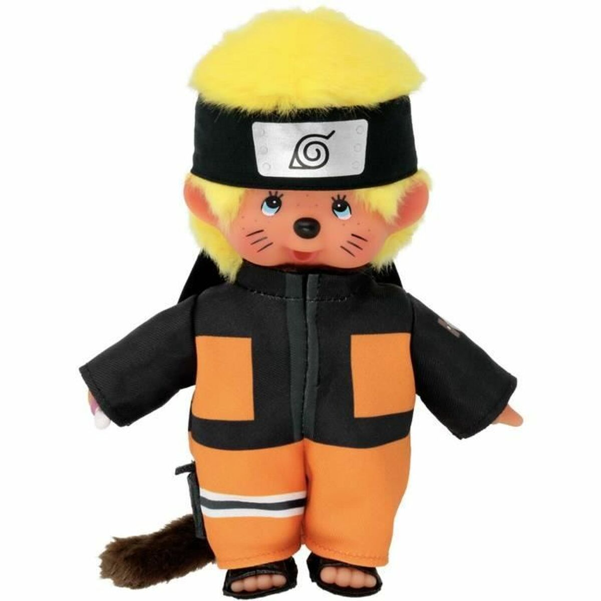 Naruto-Plüschtier mit orange-schwarzem Outfit und Stirnband. Gelbes Haar und ein brauner Schwanz.