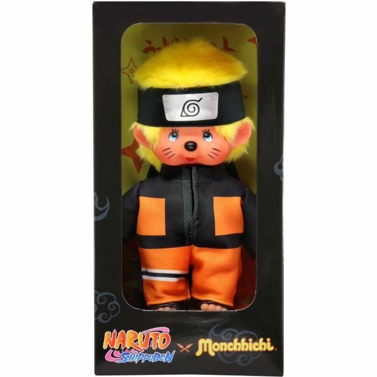Naruto Monchhichi-Puppe in einer Box. Naruto trägt orangefarbene und schwarze Kleidung.
