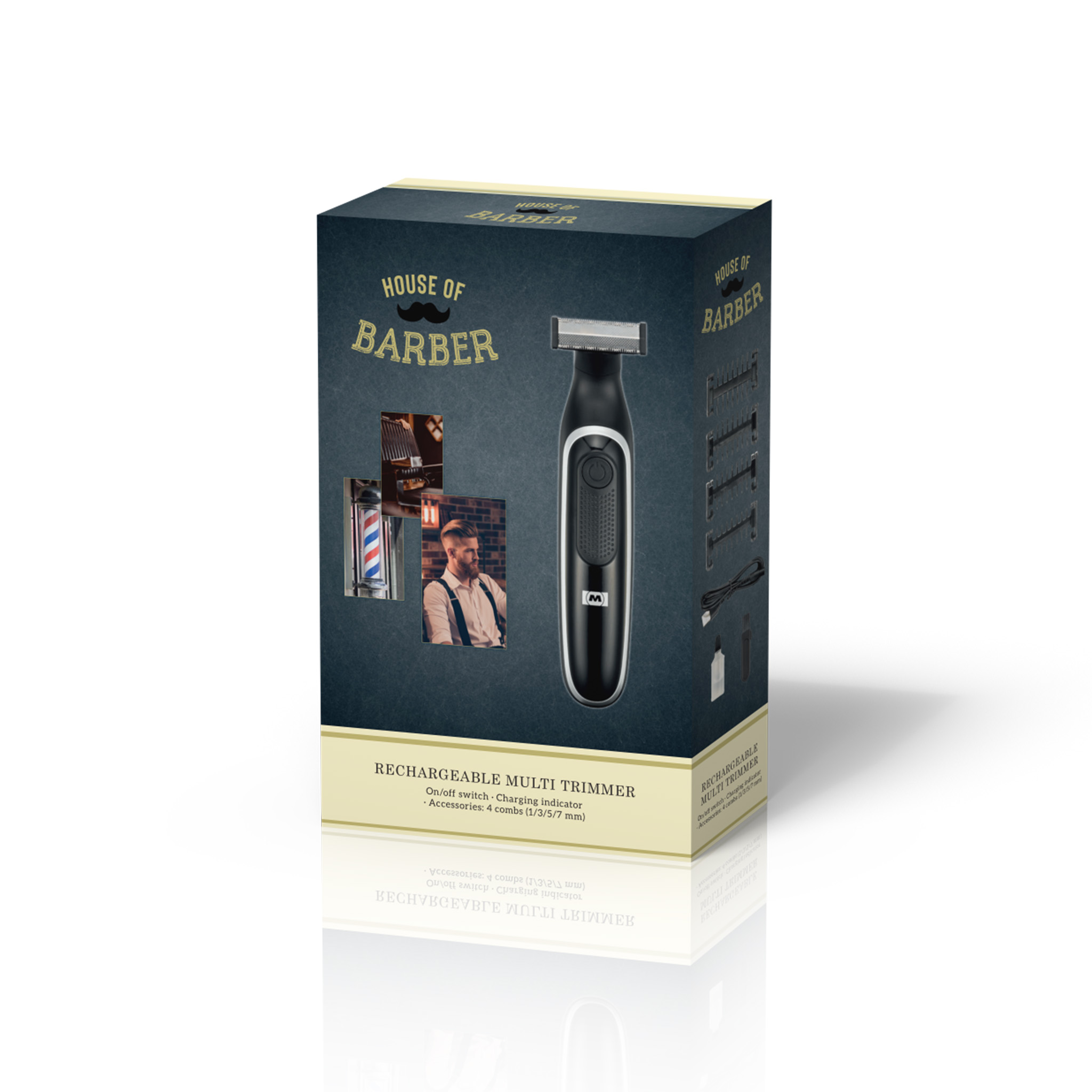 Een zwarte en grijze House of Barber trimmerdoos. De doos toont een trimmer, een barbershopscène en accessoires.