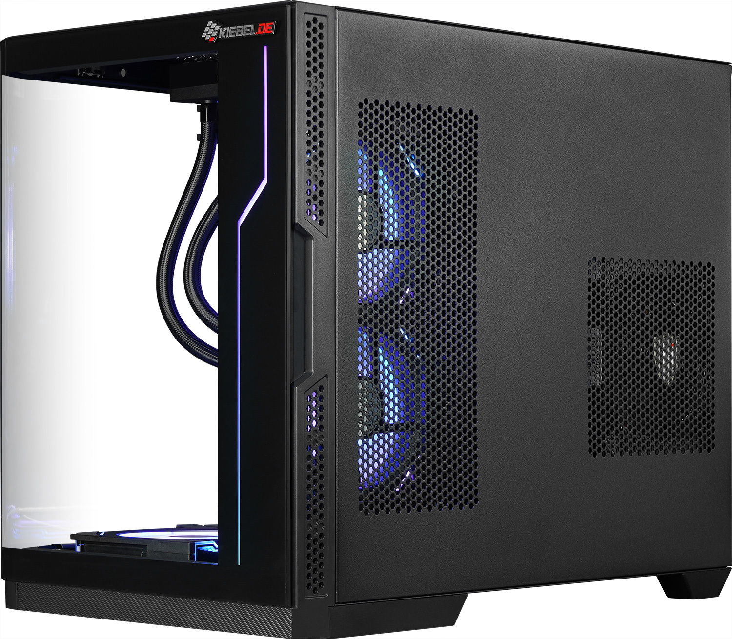 Een zwarte computerkast met blauwe lichten en een gaas zijpaneel.