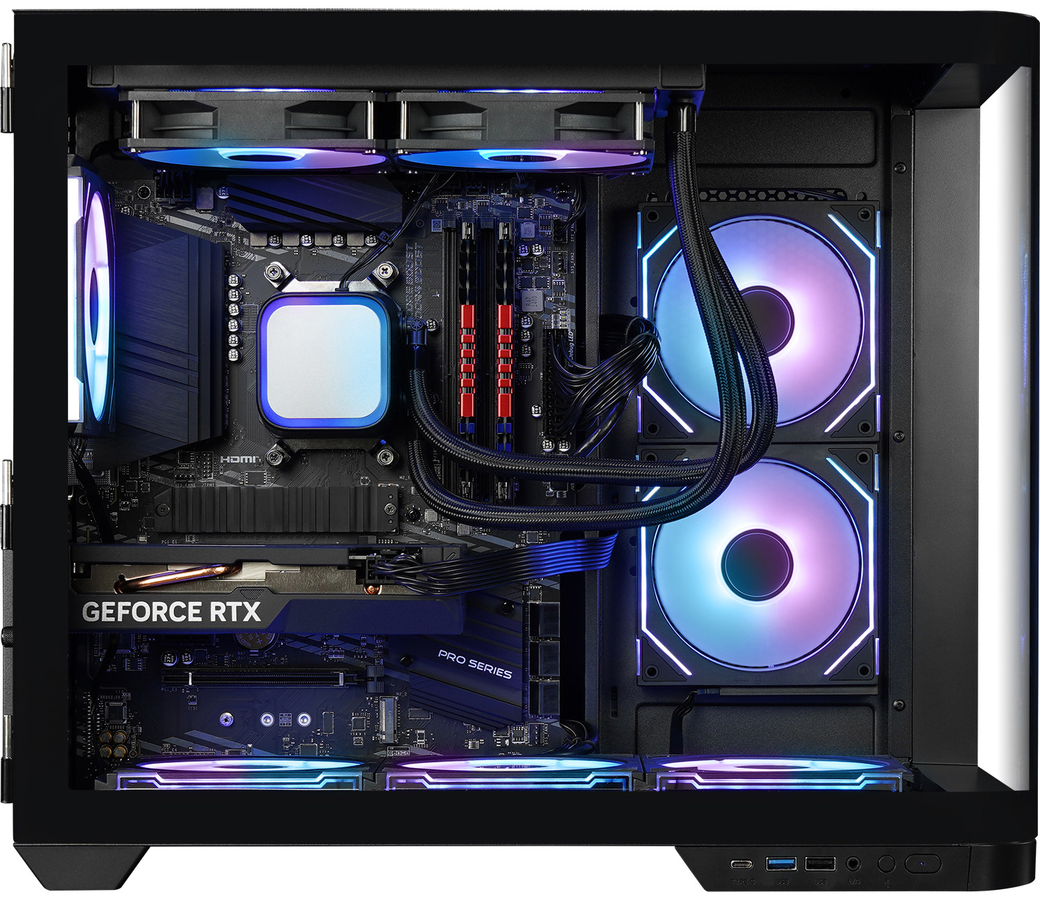 À l'intérieur d'un boîtier d'ordinateur avec des composants. Ventilateurs, GPU, refroidisseur CPU et carte mère visibles.