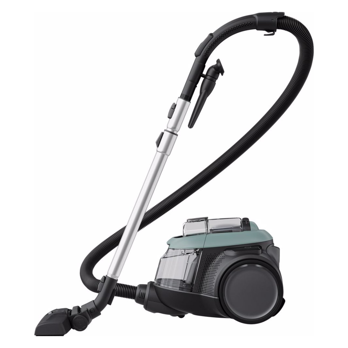 A black and gray vacuum cleaner with a long hose and attachments, isolated on a white background.