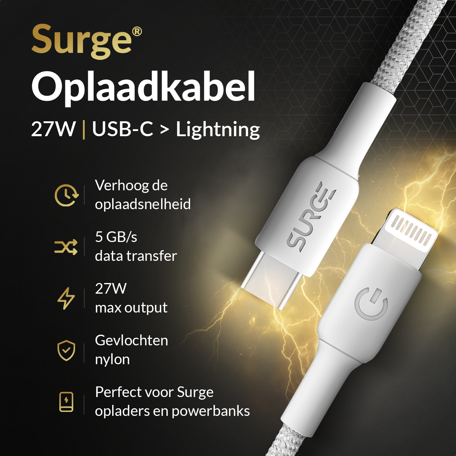 White Surge charging cable with USB-C to Lightning connectors. Details include text, icons, and lightning effects.