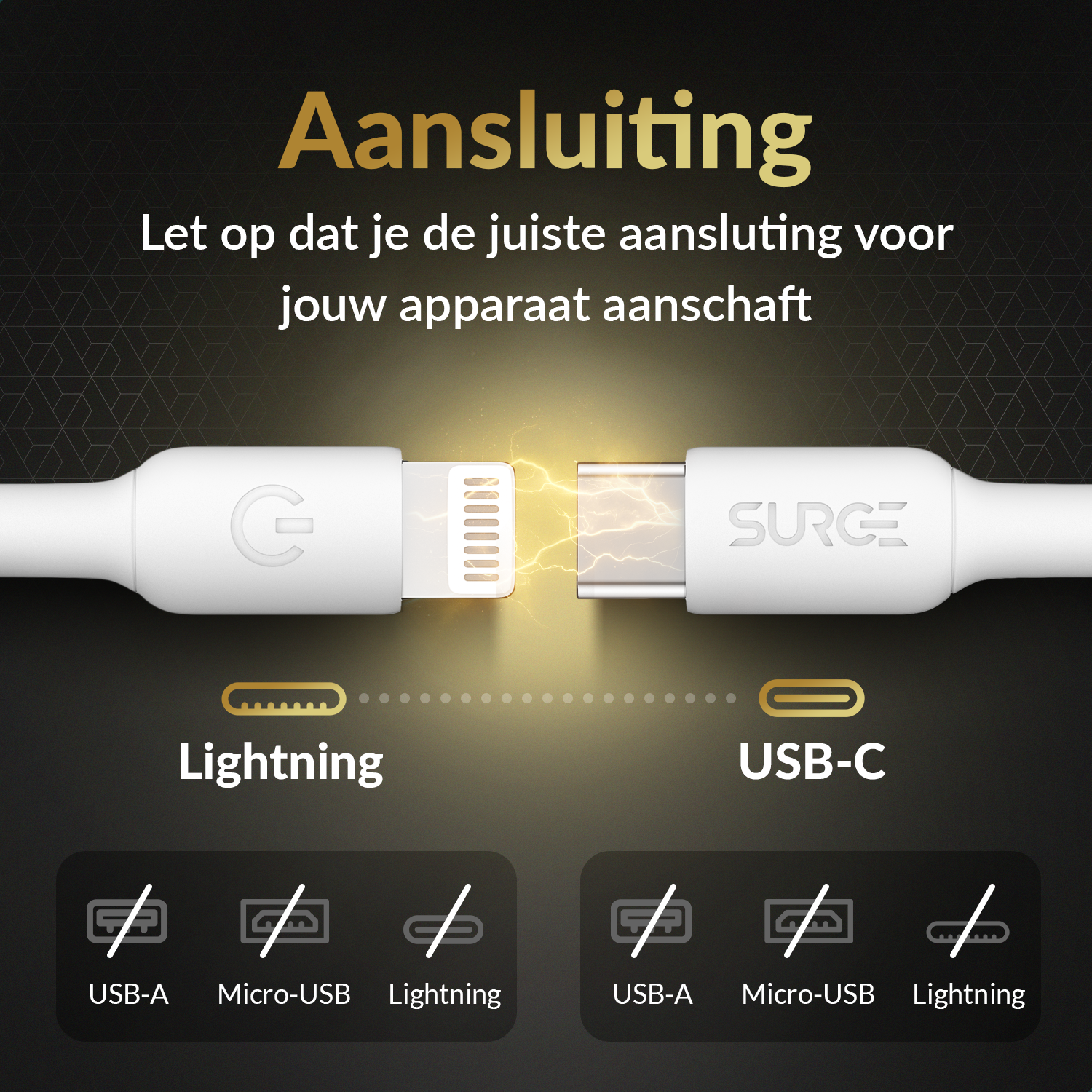 Image showing Lightning and USB-C cable connection types on a dark background.