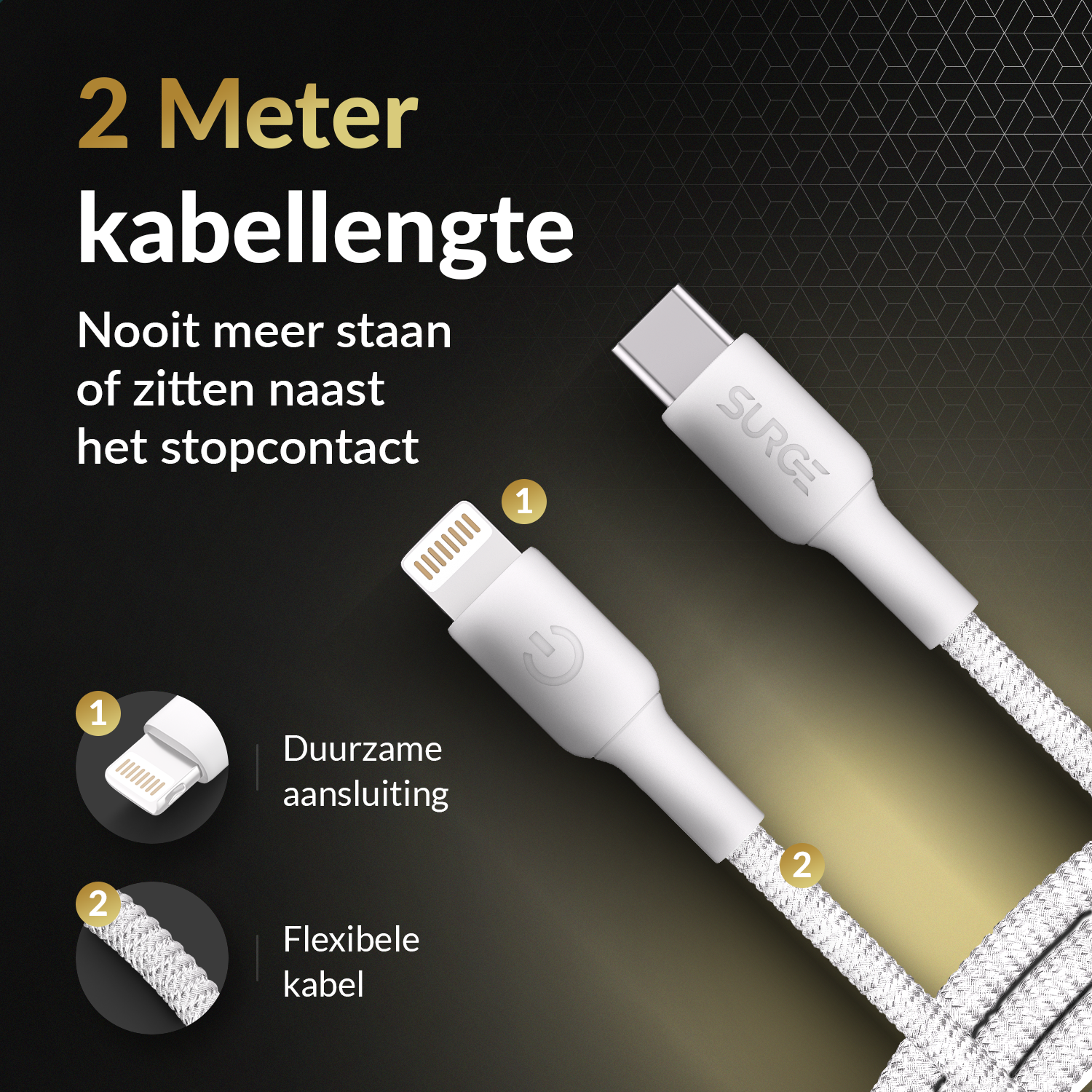 White charging cables with lightning and USB-C connectors and text.