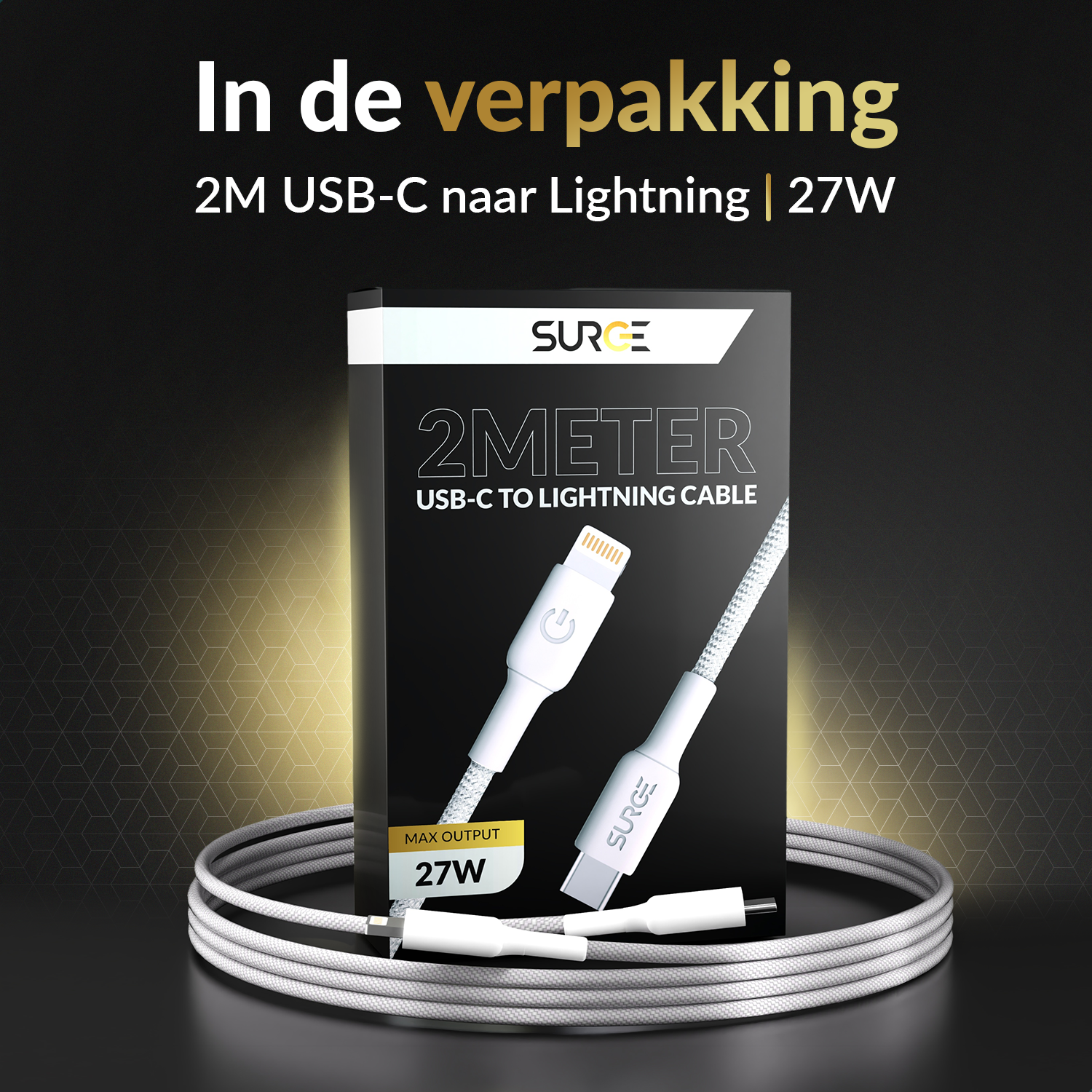 2M USB-C to Lightning cable in a box. White cable, black background. Text: 27W.