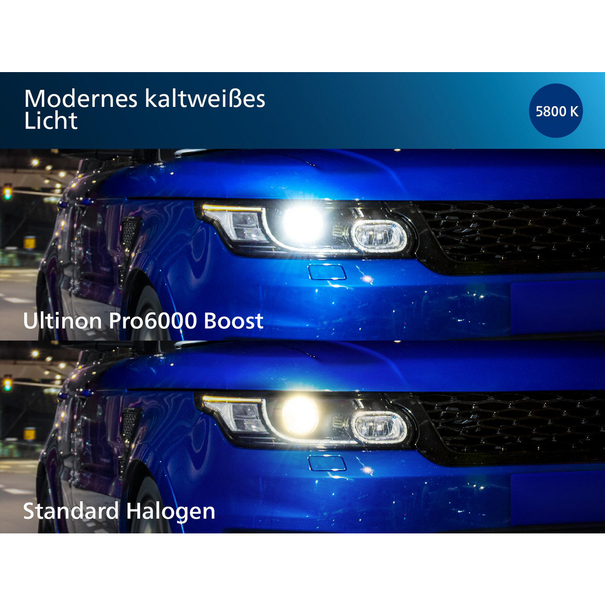 Blaue Autoscheinwerfer. Vergleich von Ultinon Pro6000 Boost und Standard Halogen.