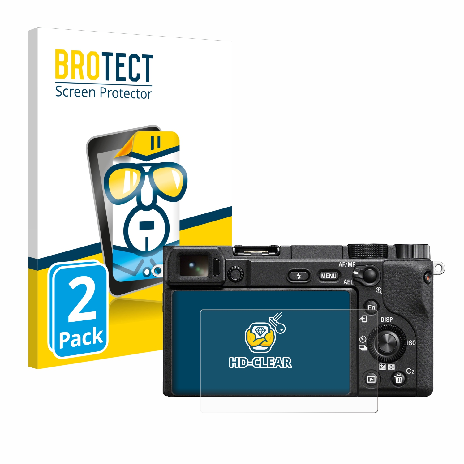 Eine Kamera mit einer Displayschutzfolienbox. Die Box sagt 'BROTECT Screen Protector'.