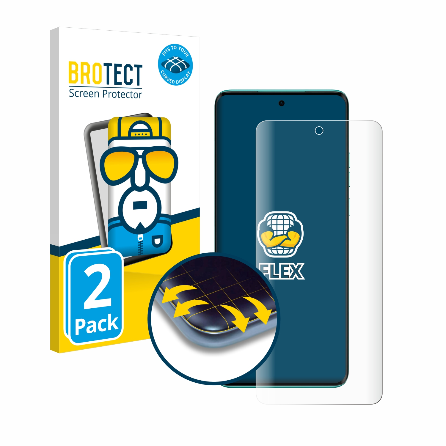 Handy-Displayschutzfolienbox und -schutz über einem Telefon, mit Anwendungspfeilen.