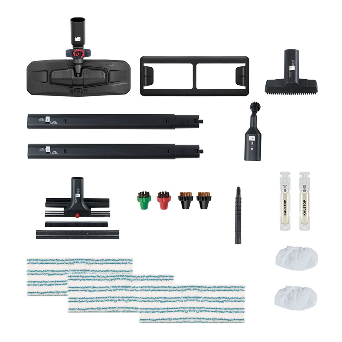 Zestaw narzędzi czyszczących. Obejmuje głowicę mopa, szczotki i nakładki czyszczące.