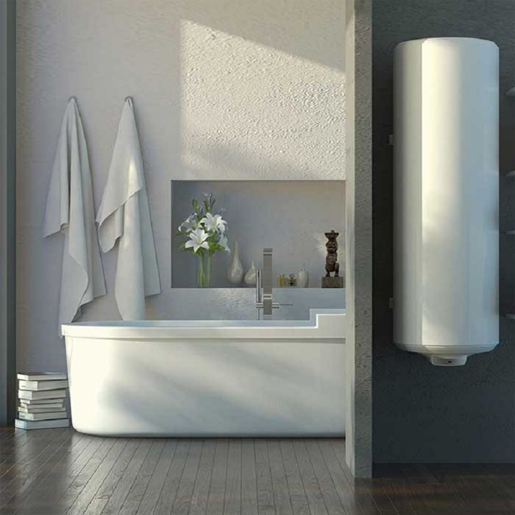 Escena de baño moderno. Bañera blanca, toallas y calentador de agua de pared. Flores y decoración en nicho.