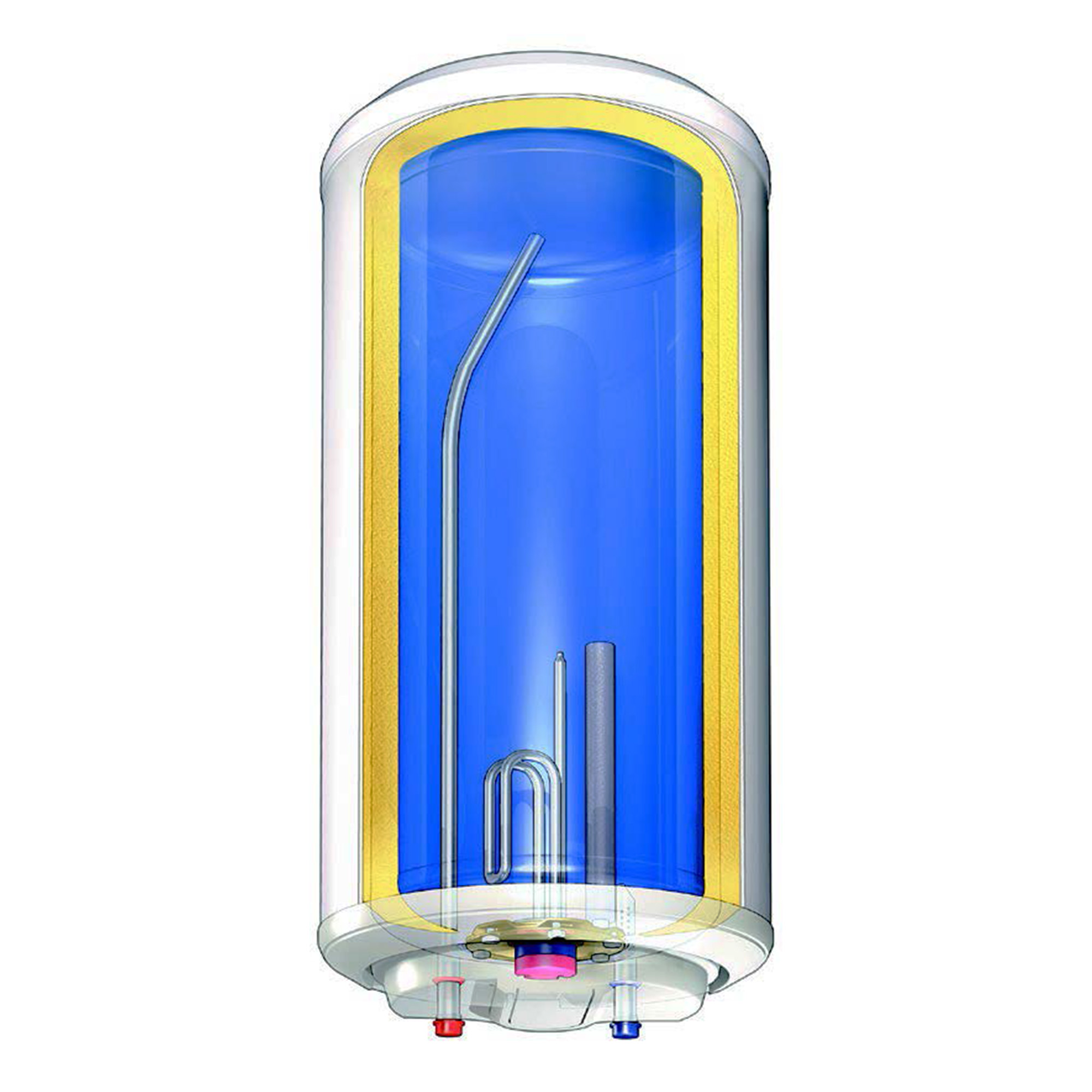 Corte transversal de un calentador de agua. Interior azul, aislamiento amarillo y varios componentes internos visibles.