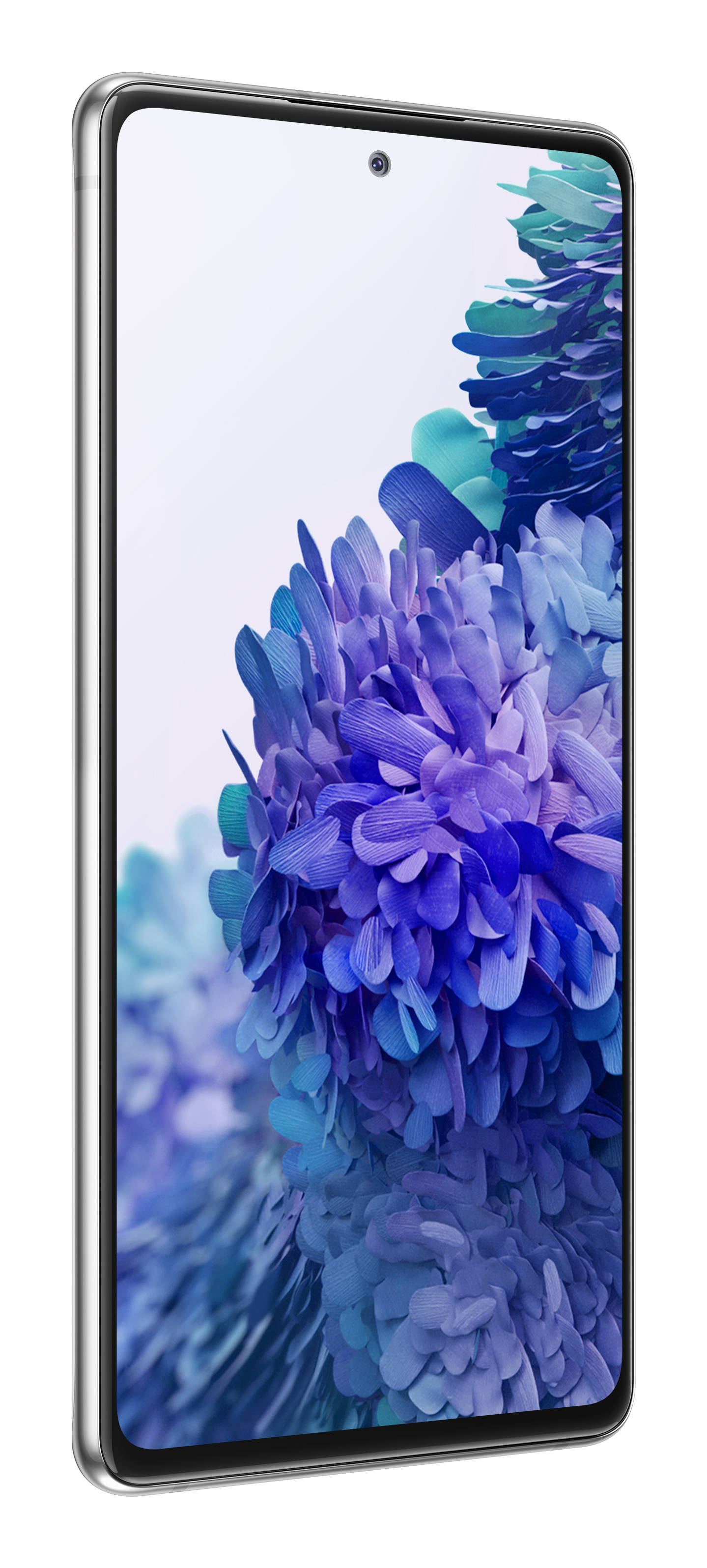 Srebrny smartfon z dużym ekranem. Ekran wyświetla niebieski i fioletowy abstrakcyjny wzór.