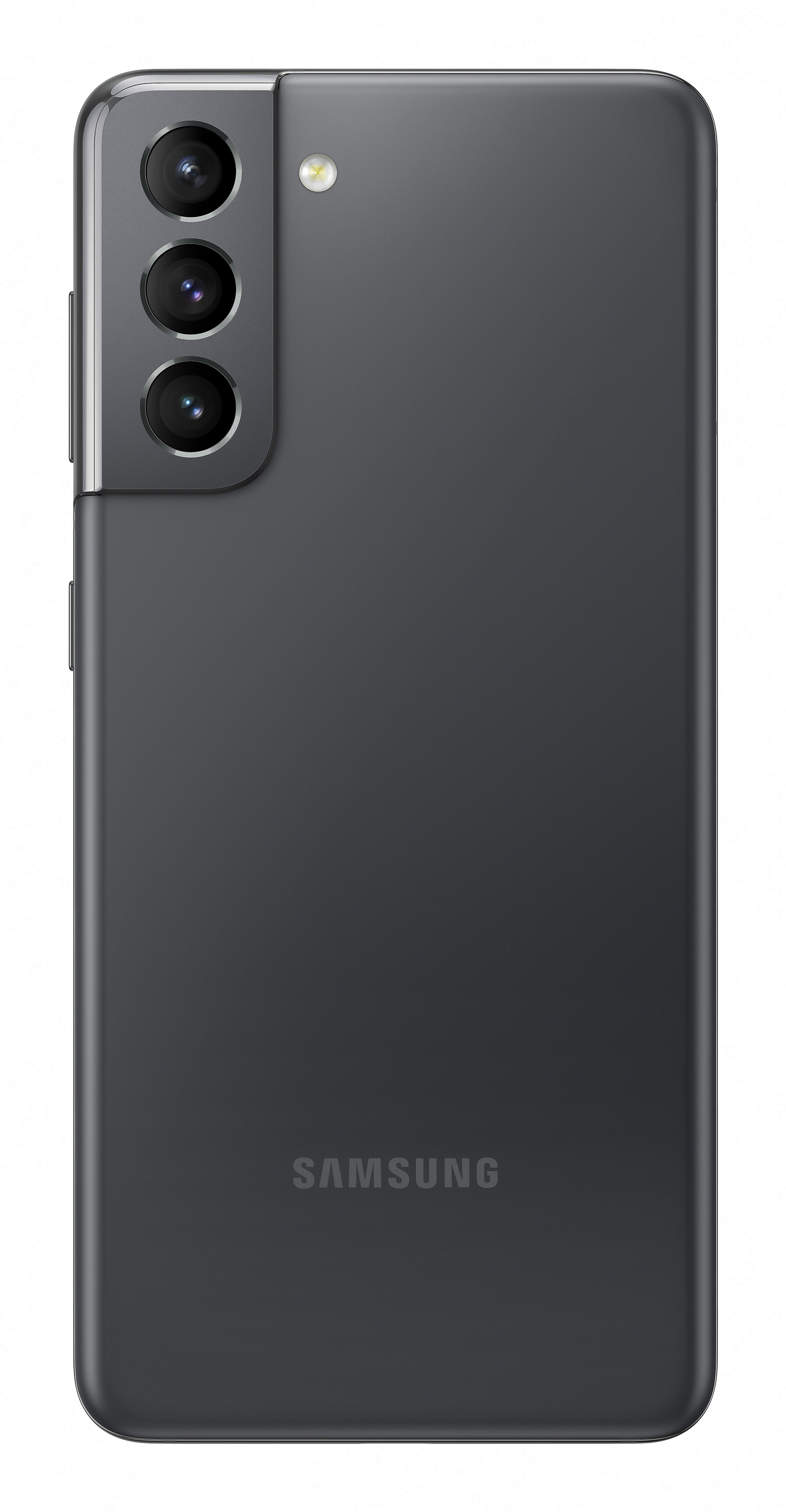 Rückseite eines dunkelgrauen Smartphones mit Dreifachkamera und Samsung-Logo.