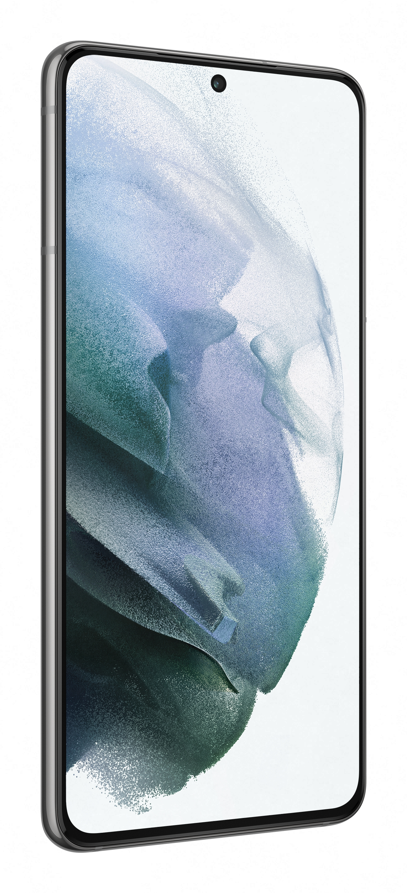 Graues Smartphone mit blau-lila Bildschirm, aus einem Winkel betrachtet.