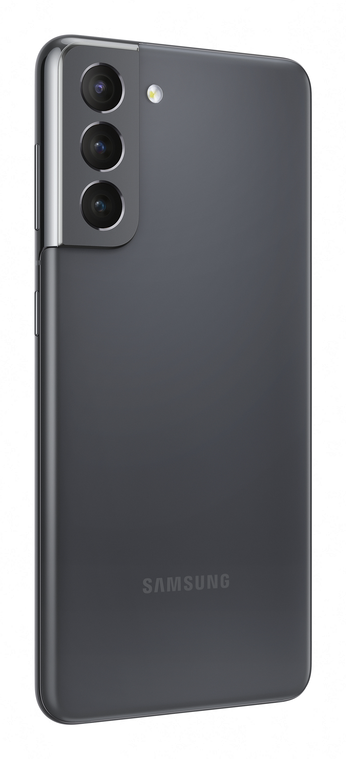 Schwarzes Samsung-Telefon, Rückansicht. Hat drei Kameras und einen Blitz. Das Telefon ist schlank.