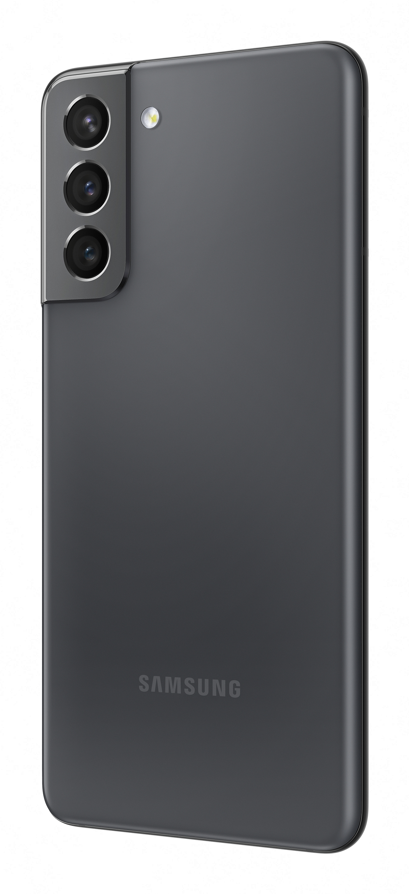 Rückansicht eines grauen Smartphones mit drei Kameras, einem Blitz und dem Samsung-Logo.