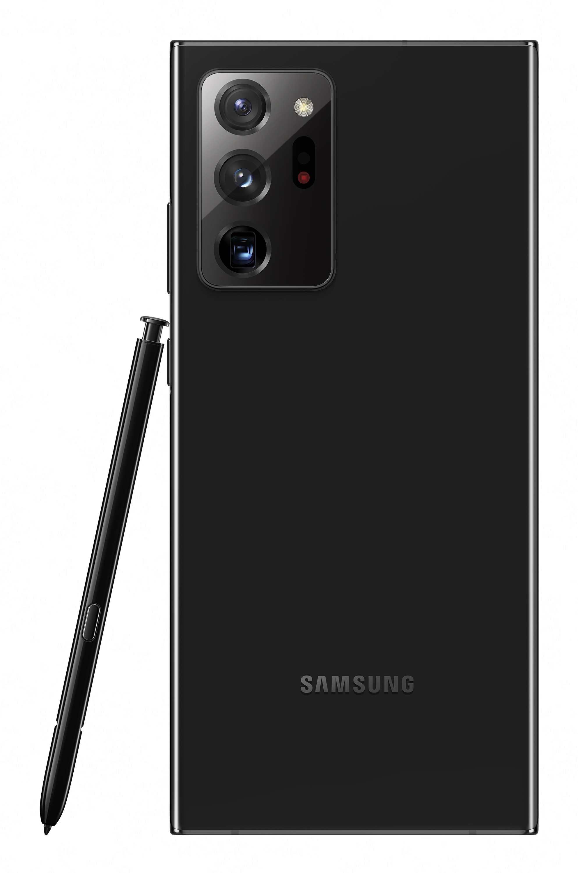 Czarny smartfon z czarnym rysikiem i tylnym aparatem na białym tle.