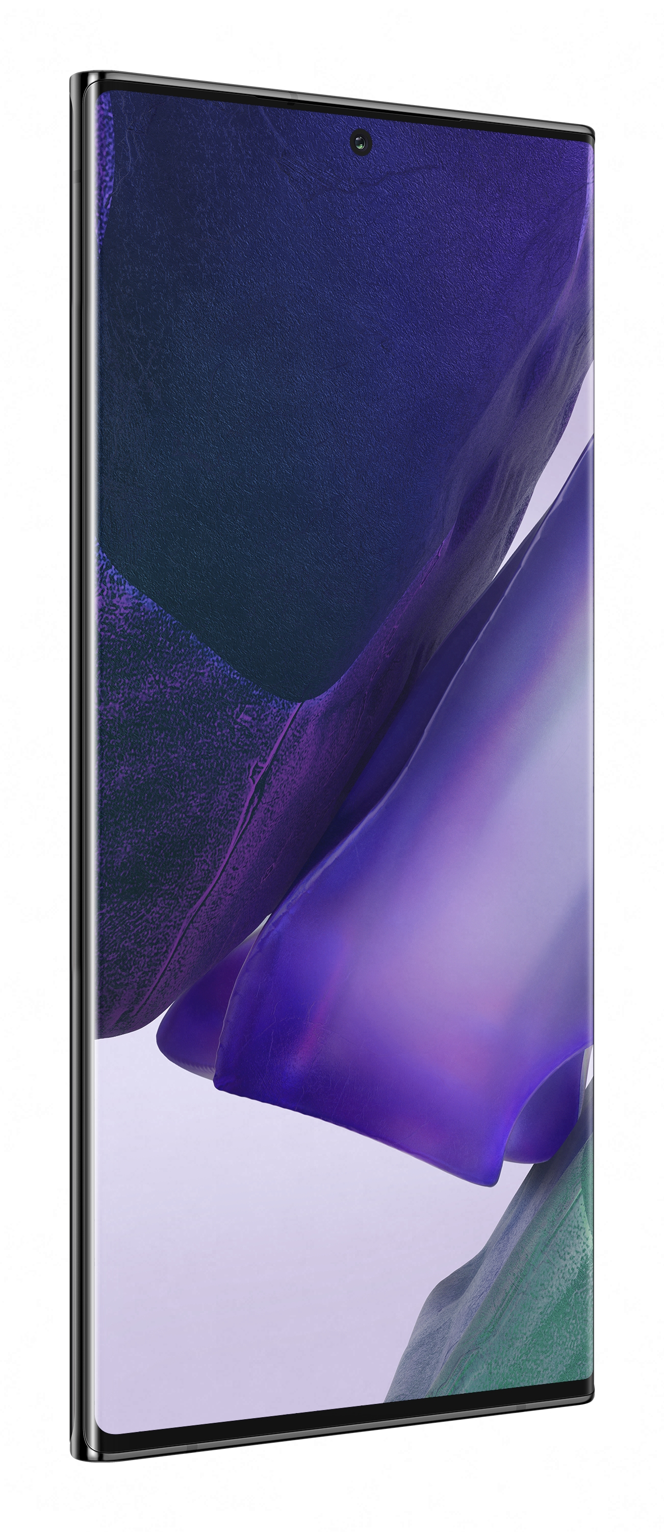 Elegancki smartfon w fioletowym odcieniu, widziany z boku. Ekran telefonu wyświetla kolorową sztukę abstrakcyjną.