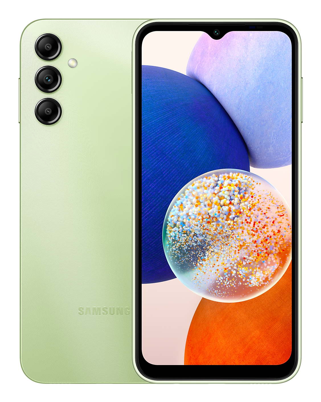 Zielony smartfon na białym tle. Widok z tyłu i z przodu.