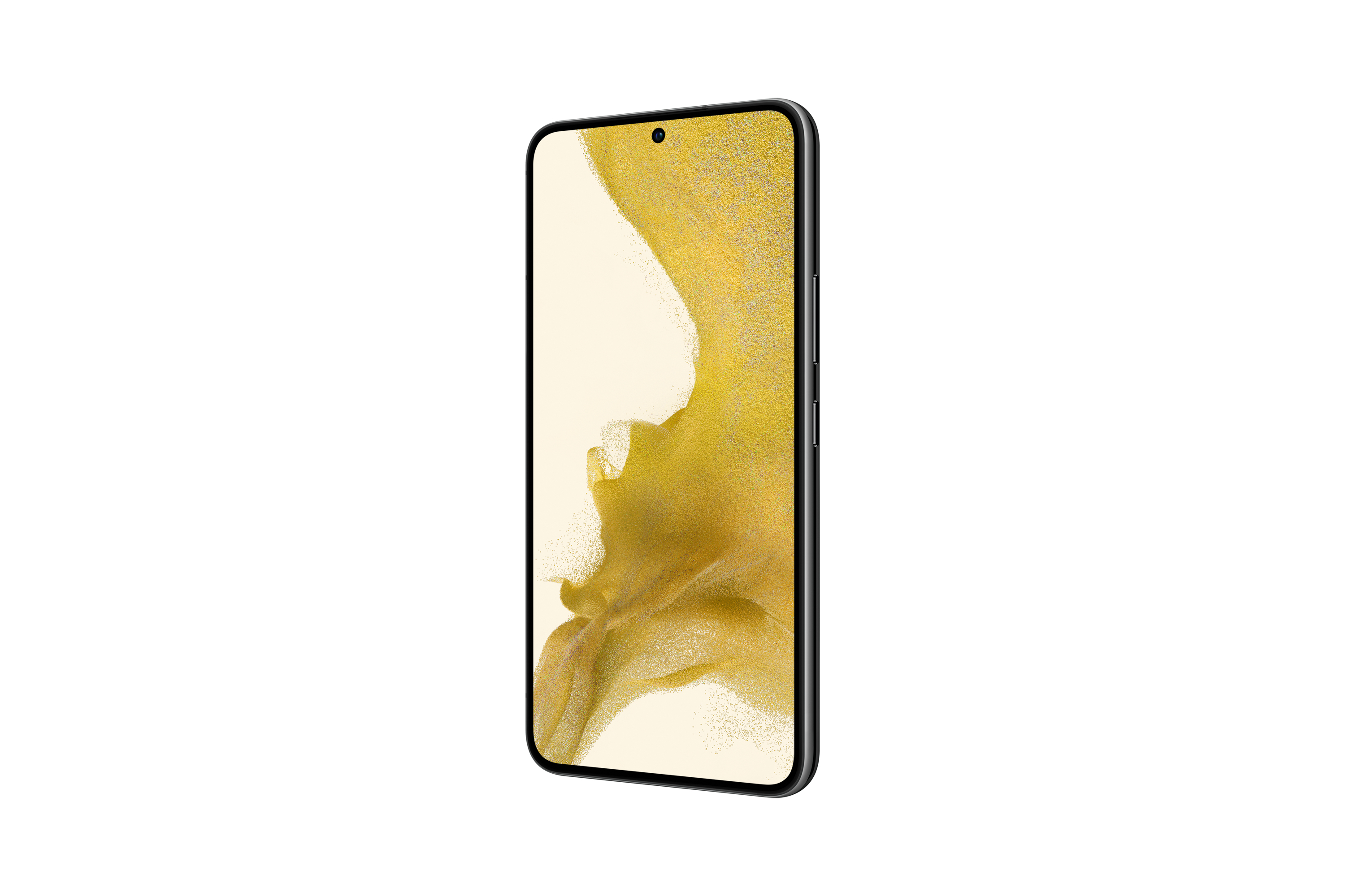 Ein Mobiltelefon von der Seite, mit goldener Farbe auf dem Bildschirm und schwarzem Rahmen.