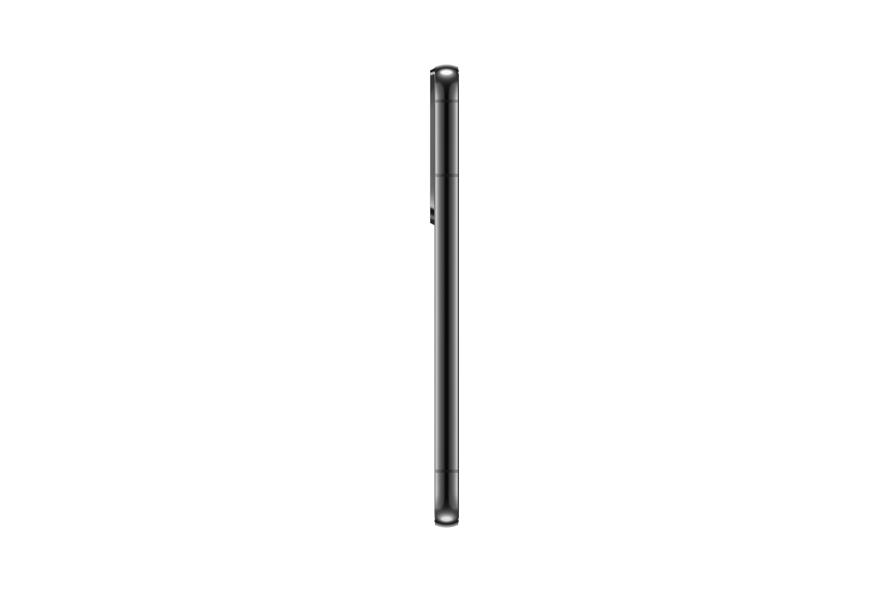 Schwarzes Smartphone, Seitenansicht. Schlankes Design. Weißer Hintergrund.
