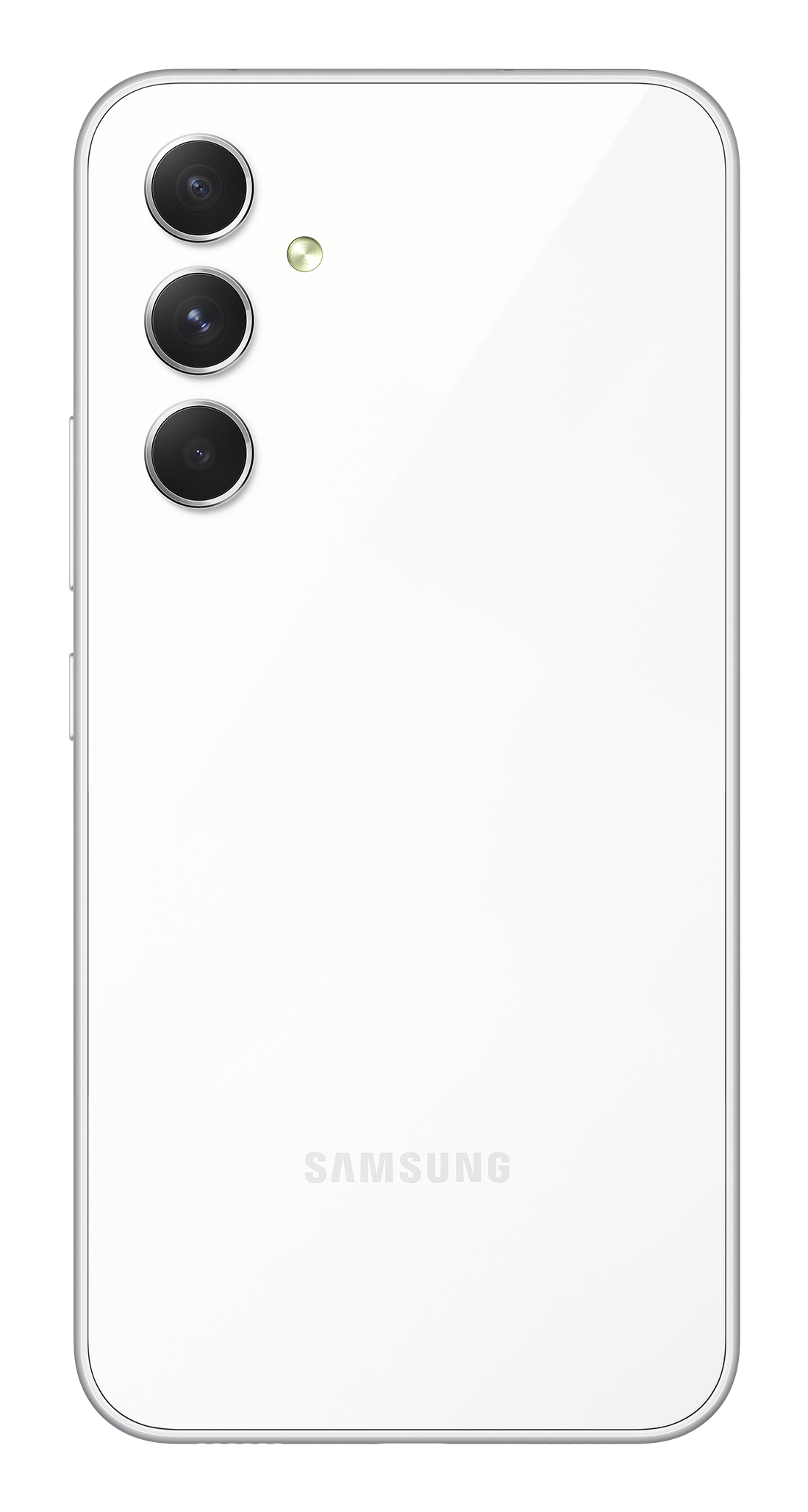 Smartphone blanc, vue arrière, avec trois caméras et le logo Samsung.