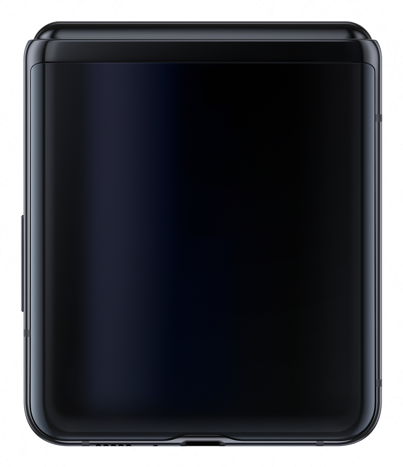 Zamknięty czarny telefon. Prostokątny kształt. Błyszcząca powierzchnia. Góra i dół są zakrzywione.