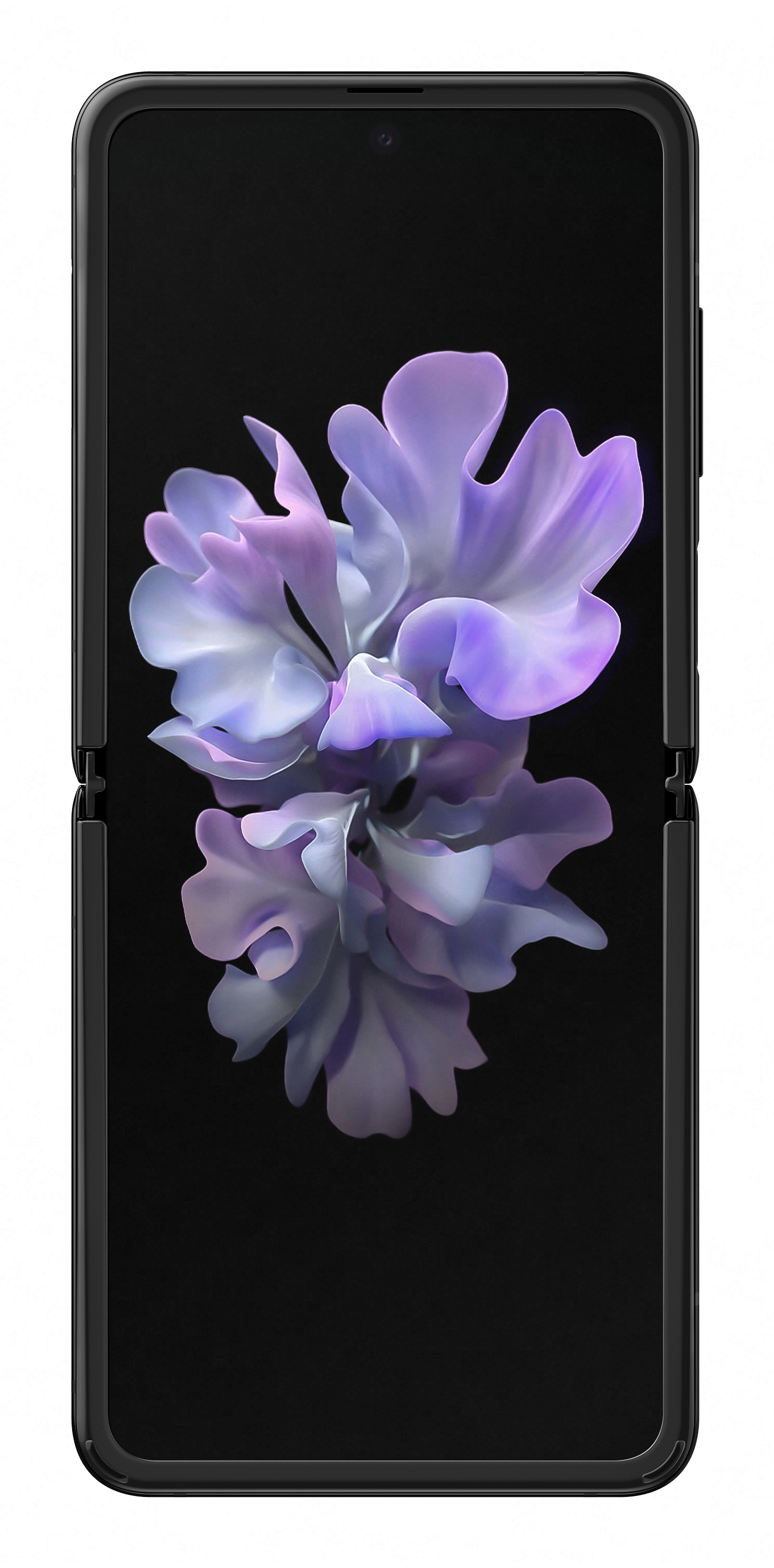 Złożony czarny telefon z kwiatowym wzorem na ekranie, na białym tle.