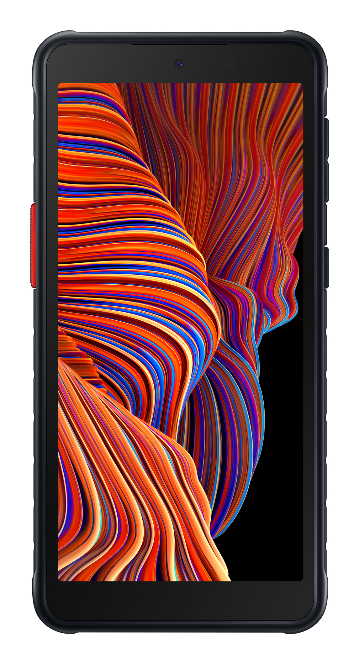 Schwarzes Smartphone mit robustem Design, rote Taste an der Seite. Display zeigt farbenfrohe Formen.