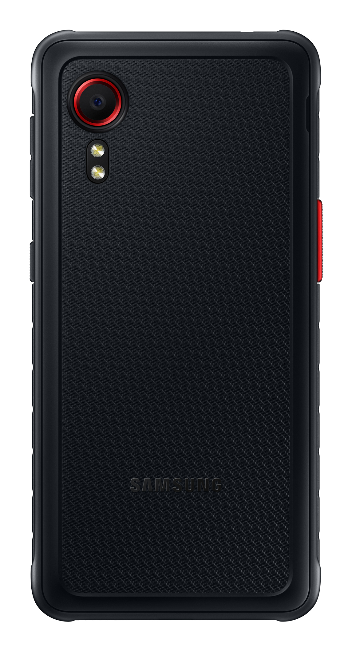 Ein schwarzes Telefon mit einem roten Kameraring und einer roten Seitentaste. Das Telefon hat eine strukturierte Rückseite und das Samsung-Logo.
