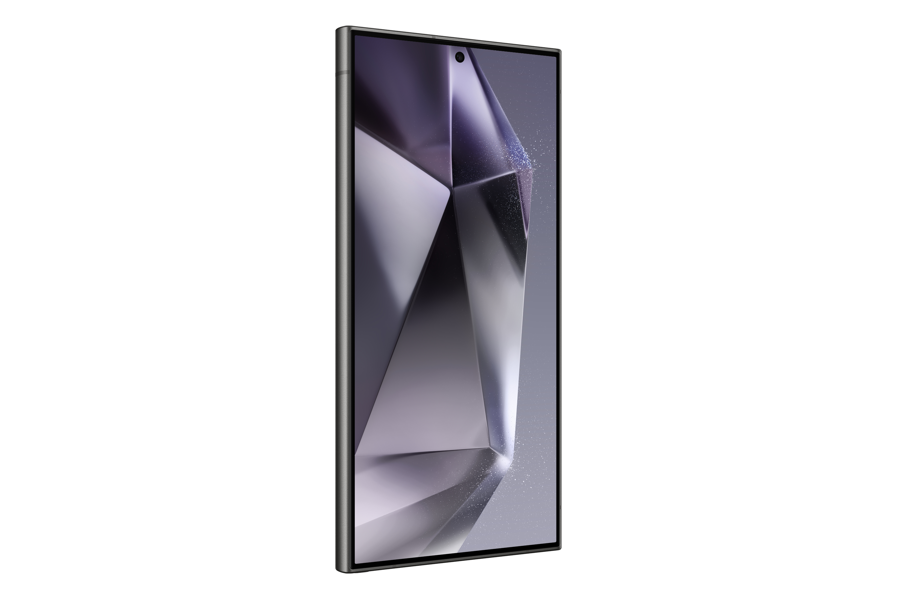 Srebrny telefon z geometrycznym, abstrakcyjnym wzorem na ekranie.