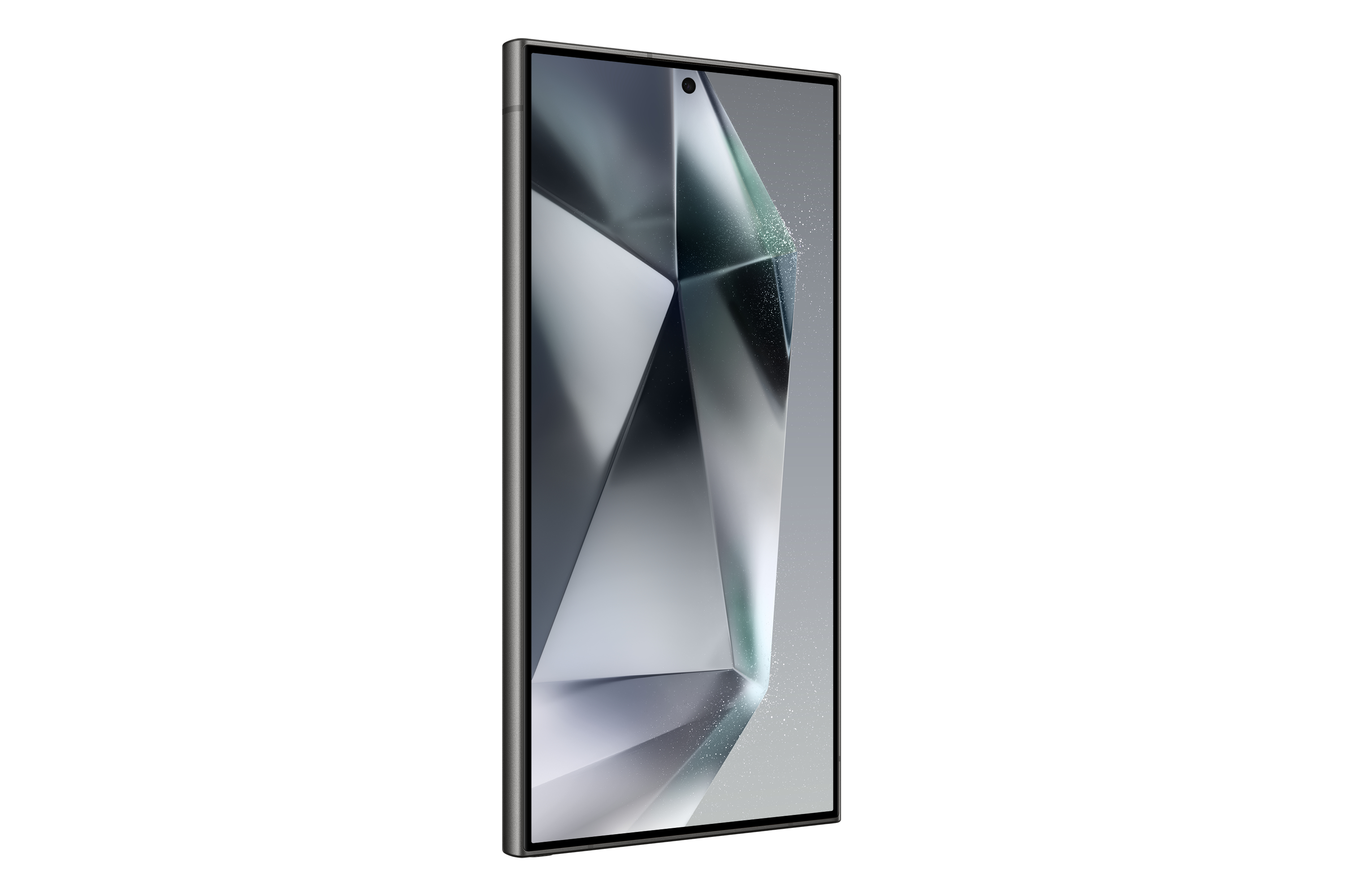 Czarny smartfon, wyświetlacz bez ramek. Wzór diamentu na ekranie. Białe tło.