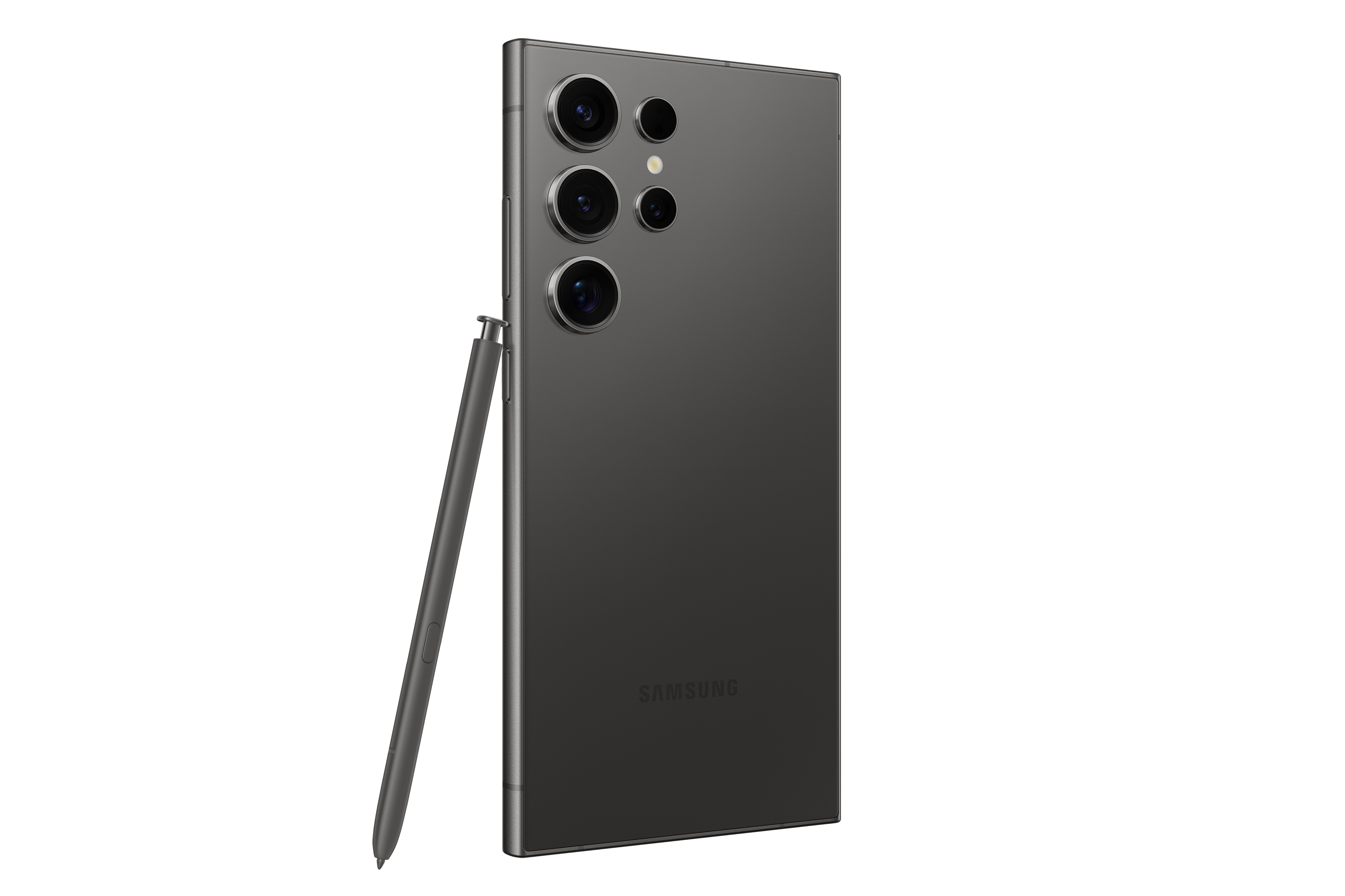 Ciemnoszary smartfon, widok z tyłu, kamery, logo Samsung i rysik. Białe tło.