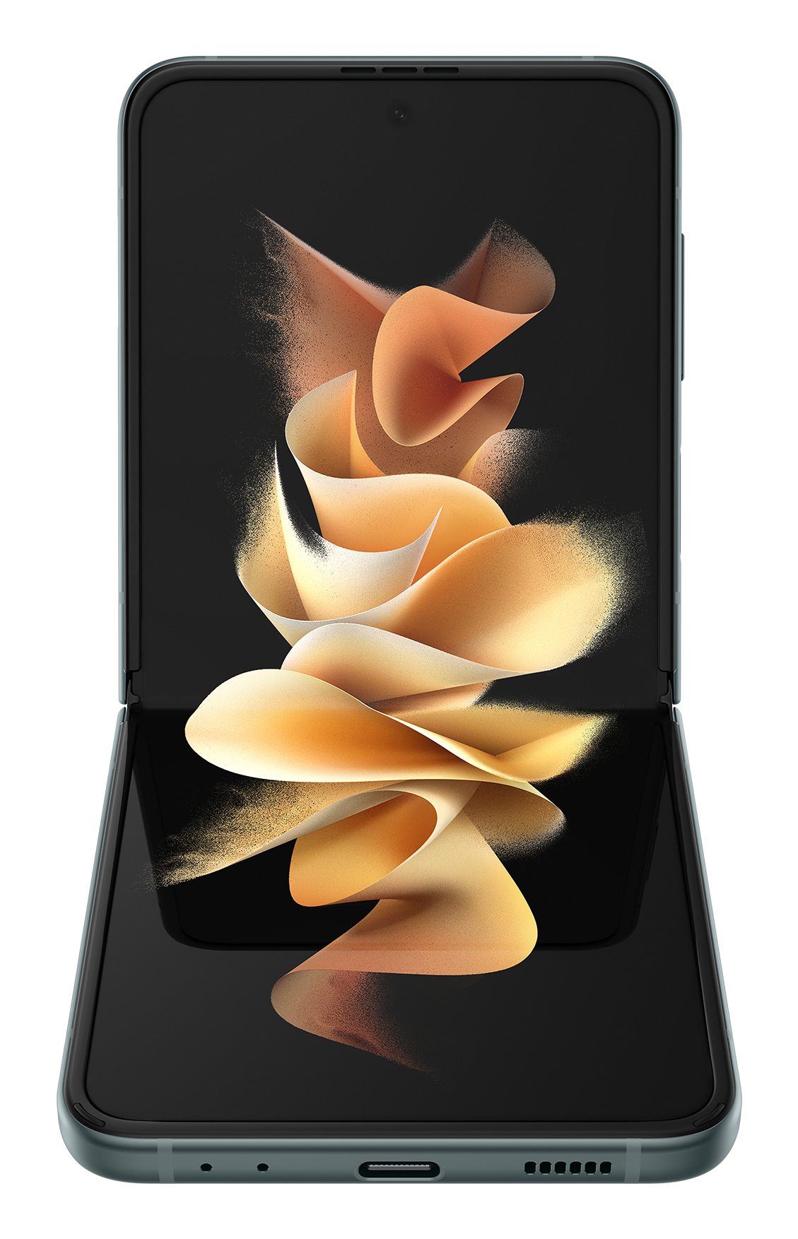 Smartphone plegable, abierto. La pantalla muestra un diseño abstracto y multicolor.