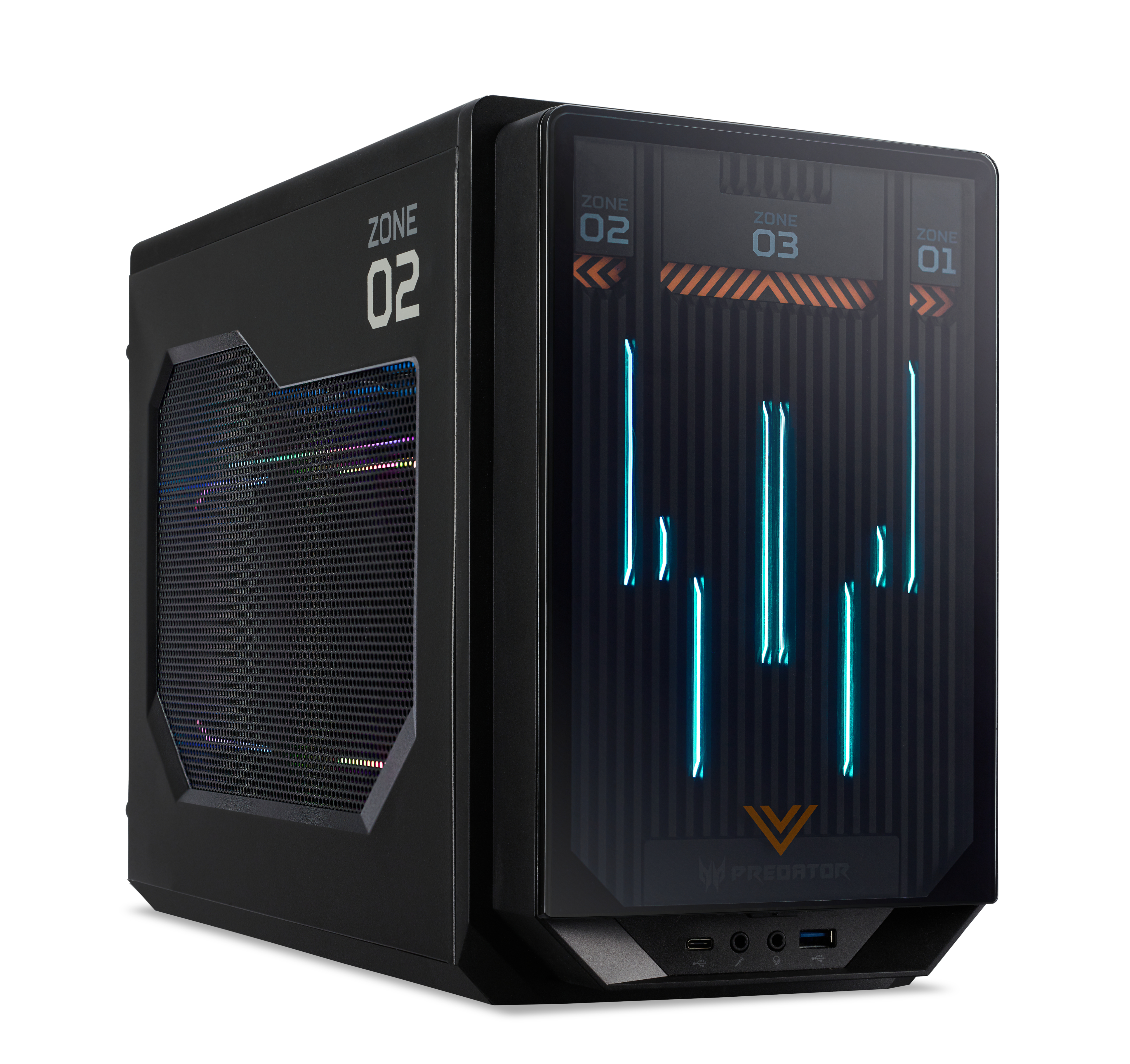 Schwarzes Computergehäuse, Marke Predator. Zone 02-Etikett. Glasfront mit Lichtern.