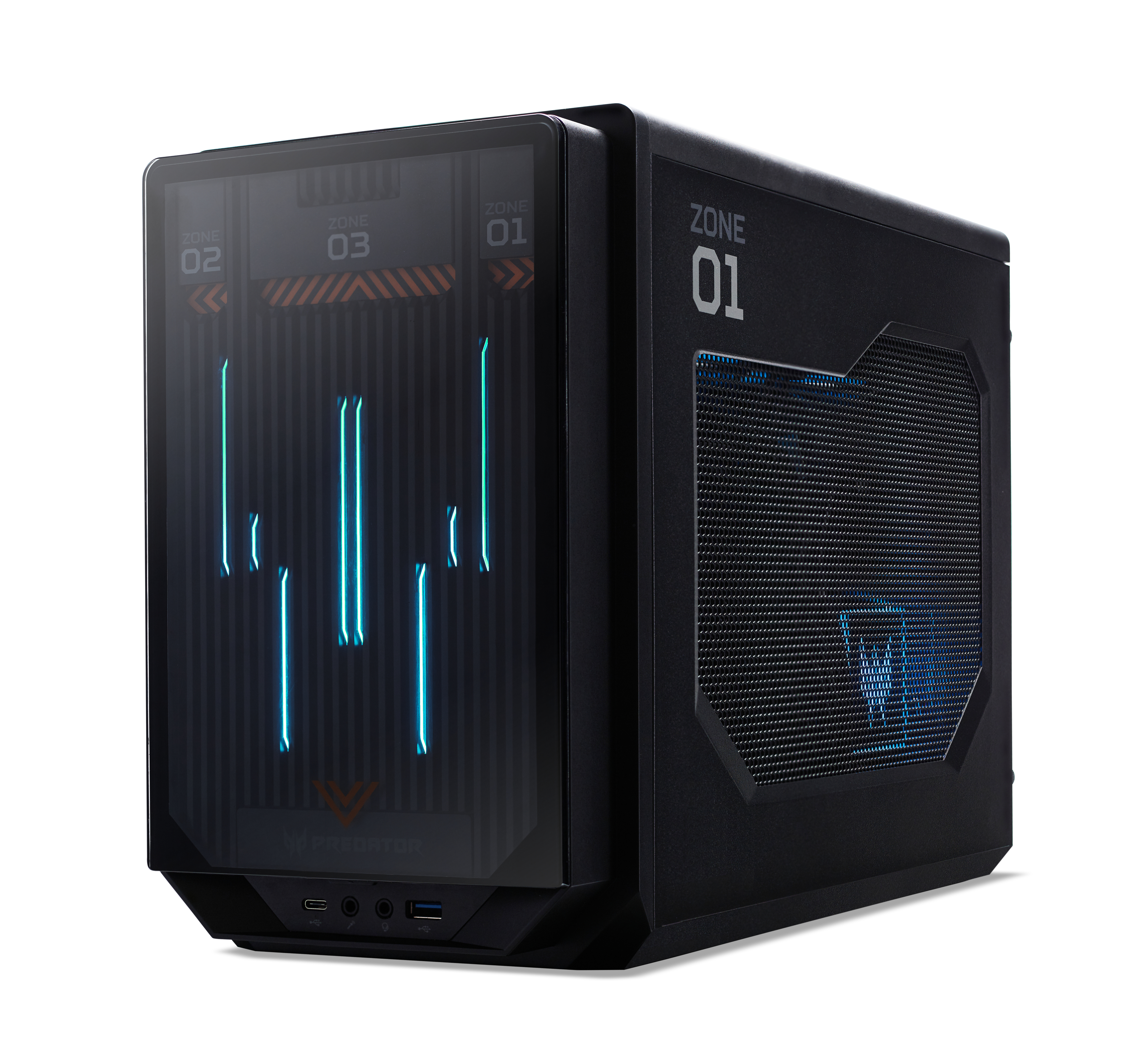 Schwarzer Computerturm mit blauen Lichtern und Predator-Logo. Zonen sind markiert.