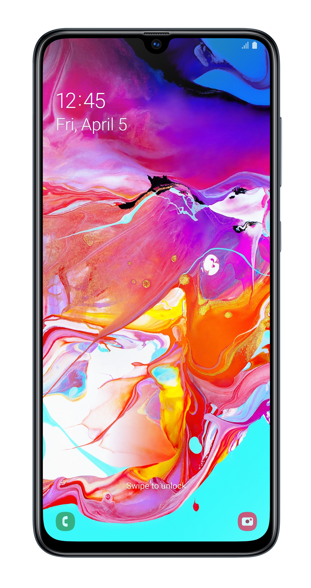 Smartphone su sfondo bianco. Il display mostra arte astratta colorata. L'ora è 12:45, venerdì 5 aprile.