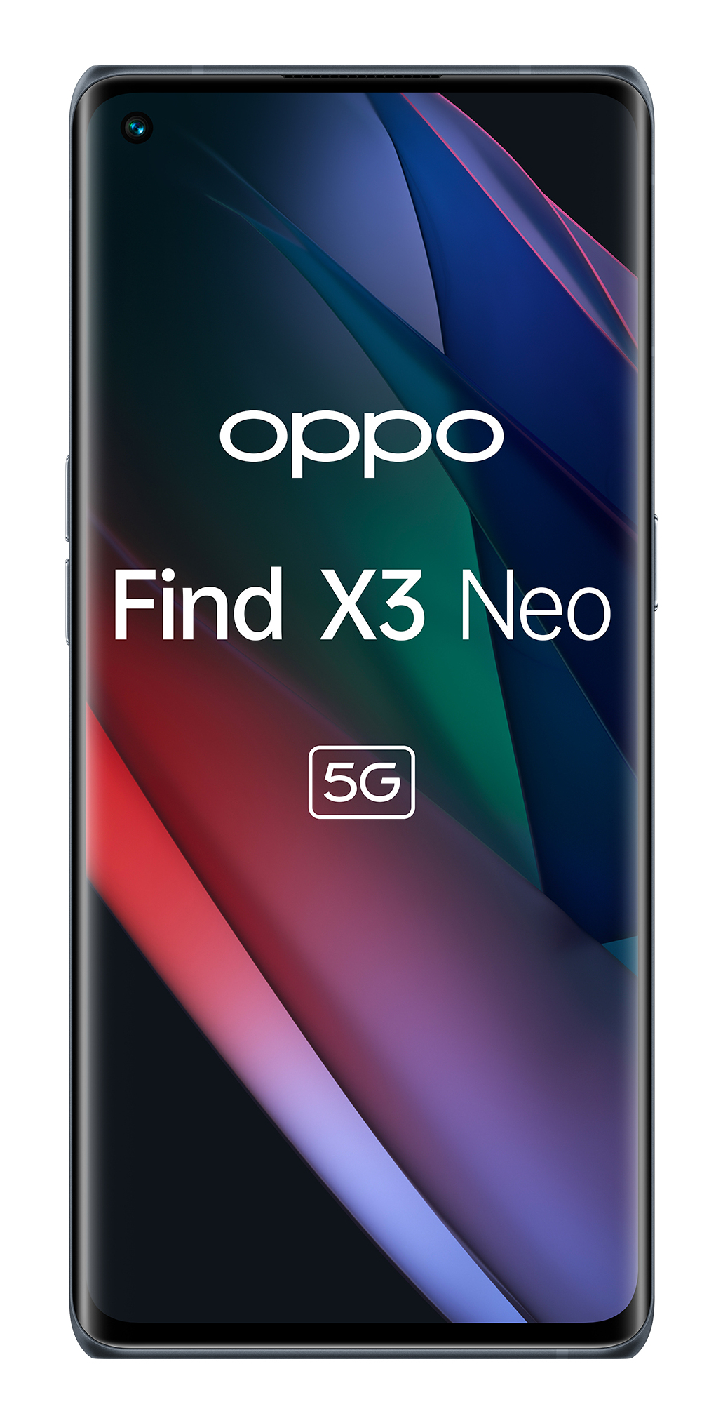 Smartfon z logo Oppo Find X3 Neo. Ekran wyświetla kolorowy abstrakcyjny wzór.