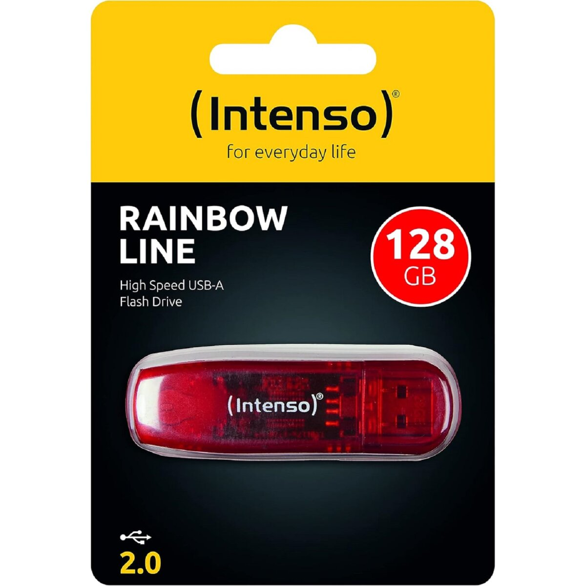 Roter Intenso USB-Stick in gelb-schwarzer Verpackung.