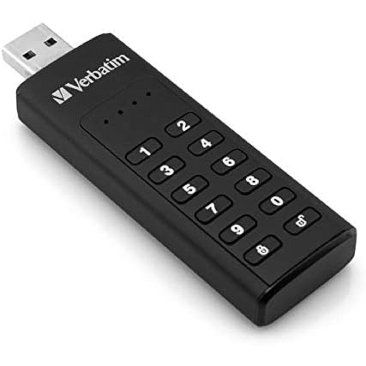 Schwarzer Verbatim USB-Stick mit nummerierten Tasten und Verbatim-Logo, USB-Anschluss sichtbar.
