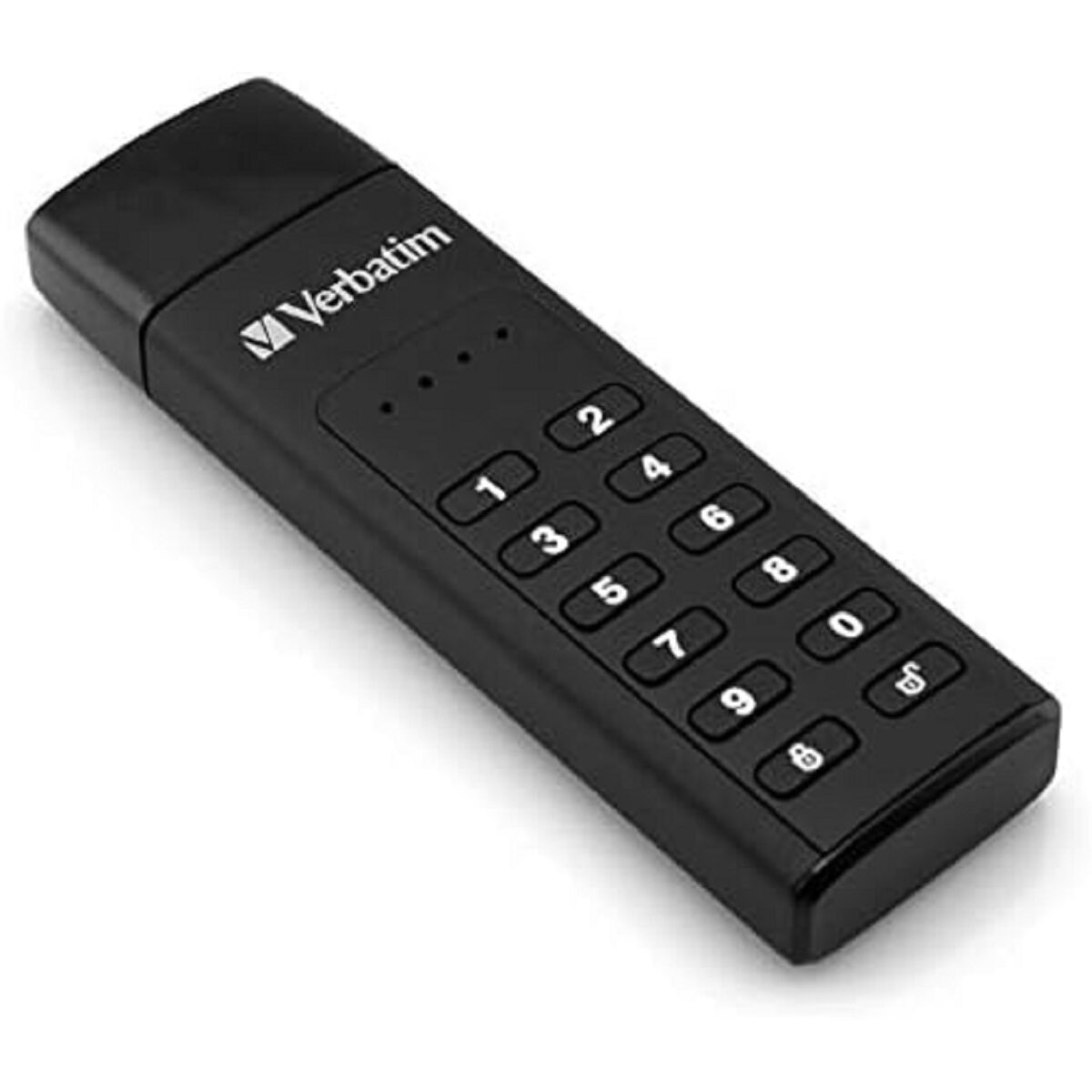 Schwarzer Verbatim USB-Stick mit Zahlentastatur auf weißem Hintergrund.