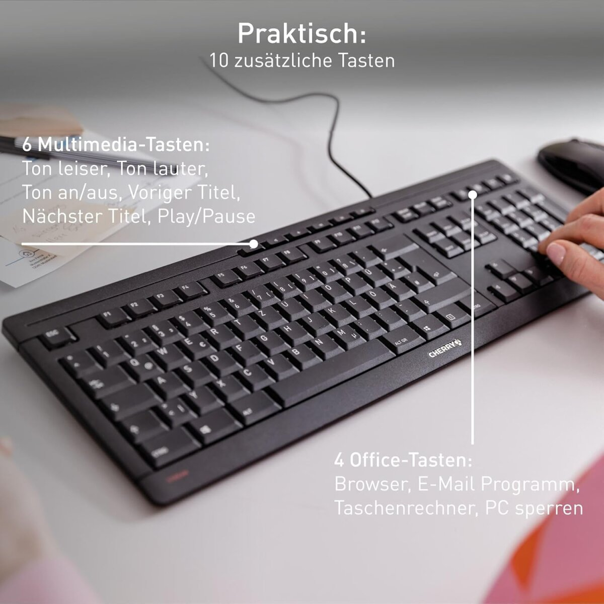 Teclado con teclas adicionales. Etiquetas de texto en las teclas. Fondo blanco.